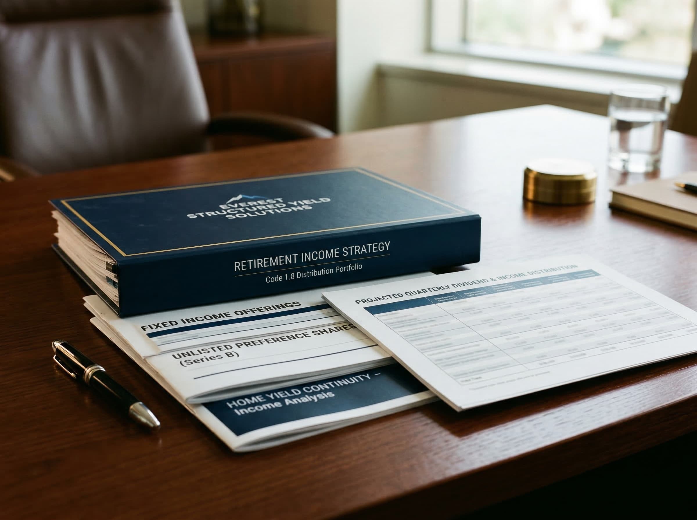 Client desk with investment statements and folders for structured yield and Code 1.8 products